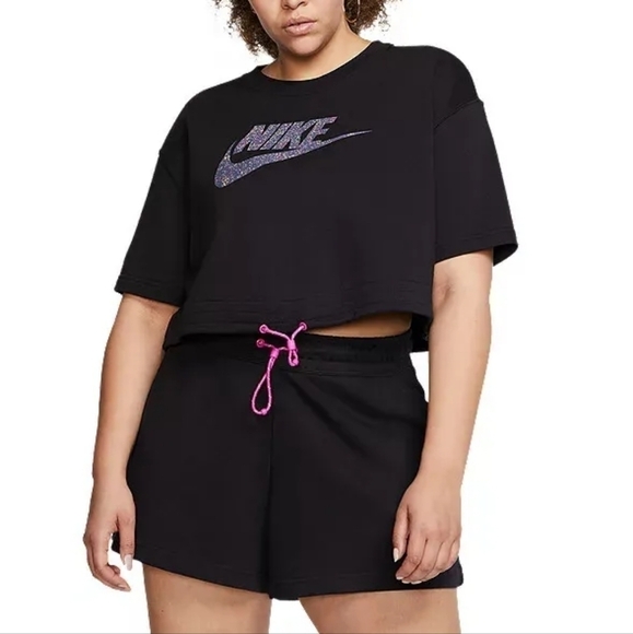 Nike Icon Clash Cropped Tee Size Large Cropped Black Shirt w/ Drawstring Waist - Picture 1 of 8
